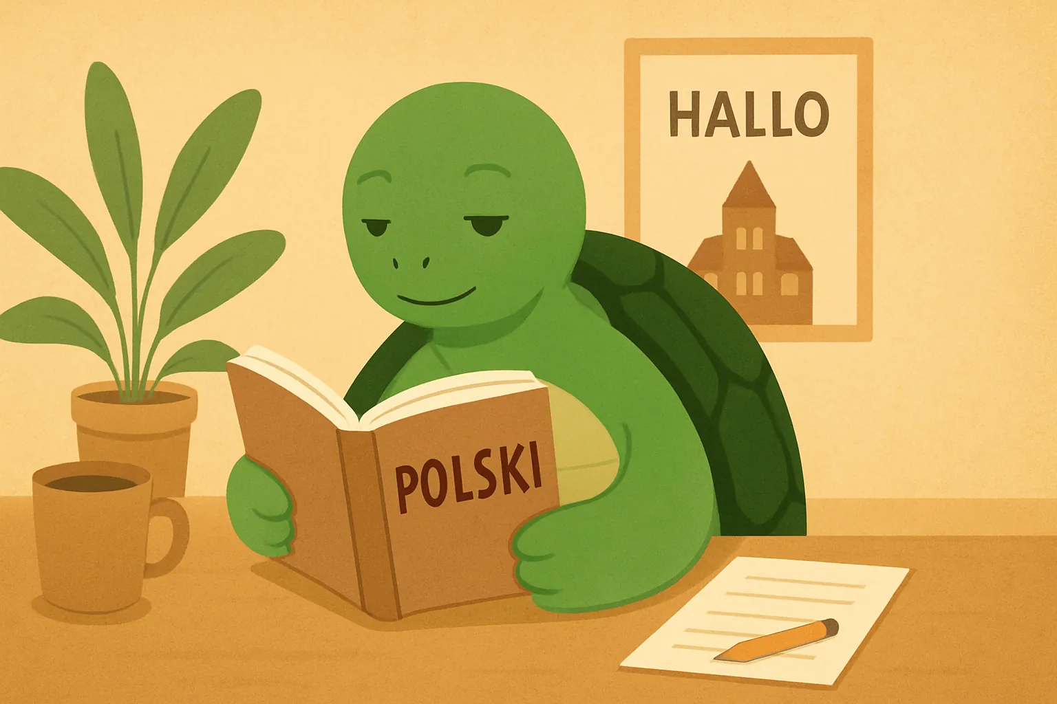 Redaktionelle Illustration mit die TortoLingua-Schildkröte in einer realistischen Leseszene zum Sprachenlernen zum Artikel "Polnisch lernen: Ein Leitfaden für Ukrainischsprachige".