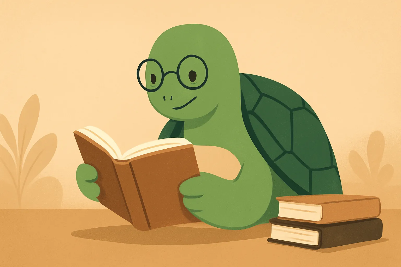 Redaktionelle Illustration mit die TortoLingua-Schildkröte, die Lesen und Verständnis statt Drill-Übungen wählt zum Artikel "TortoLingua vs Duolingo: Eine lesebasierte Alternative".