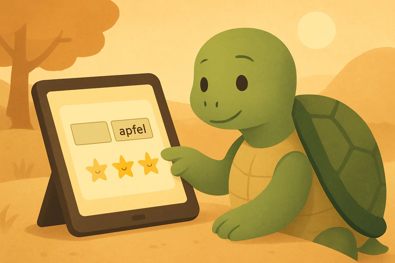 Redaktionelle Illustration mit die TortoLingua-Schildkröte in einer warmen Bilderbuchszene zum Artikel "Beste Sprachlern-Apps für Kinder 2026".