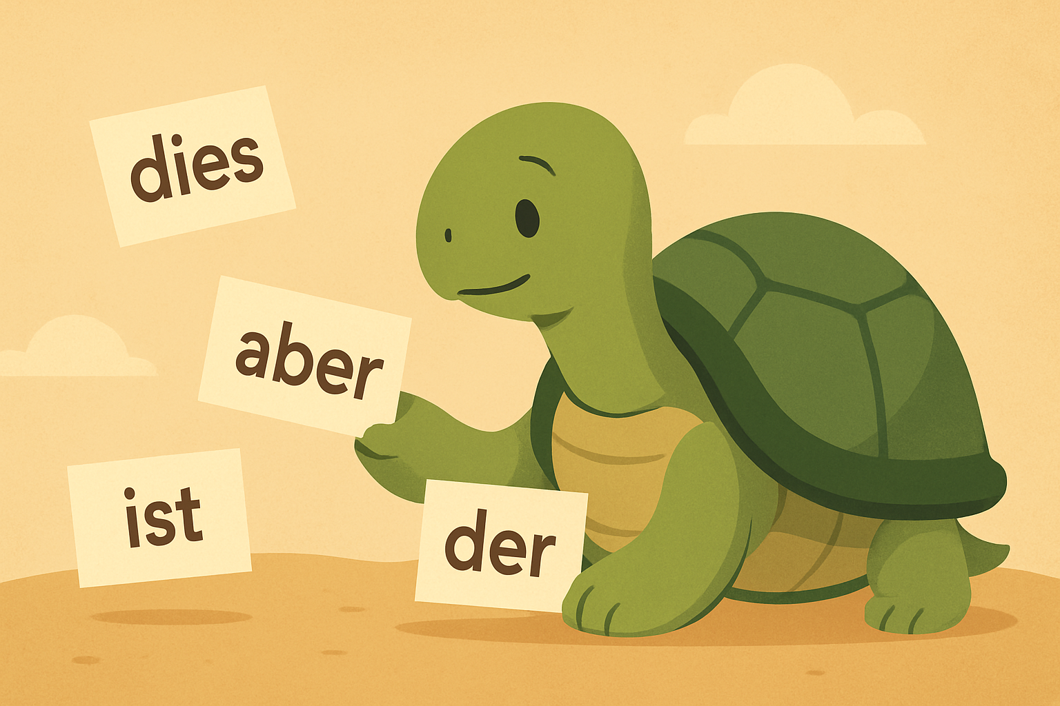 Redaktionelle Illustration mit die TortoLingua-Schildkröte, wie sie Bedeutung durch Kontext entdeckt zum Artikel "Wie Spaced Repetition beim Sprachenlernen funktioniert".