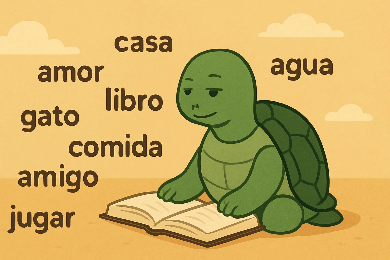Ilustración editorial que muestra la tortuga de TortoLingua descubriendo significado a través del contexto para el artículo "Cómo funciona la repetición espaciada para aprender idiomas".