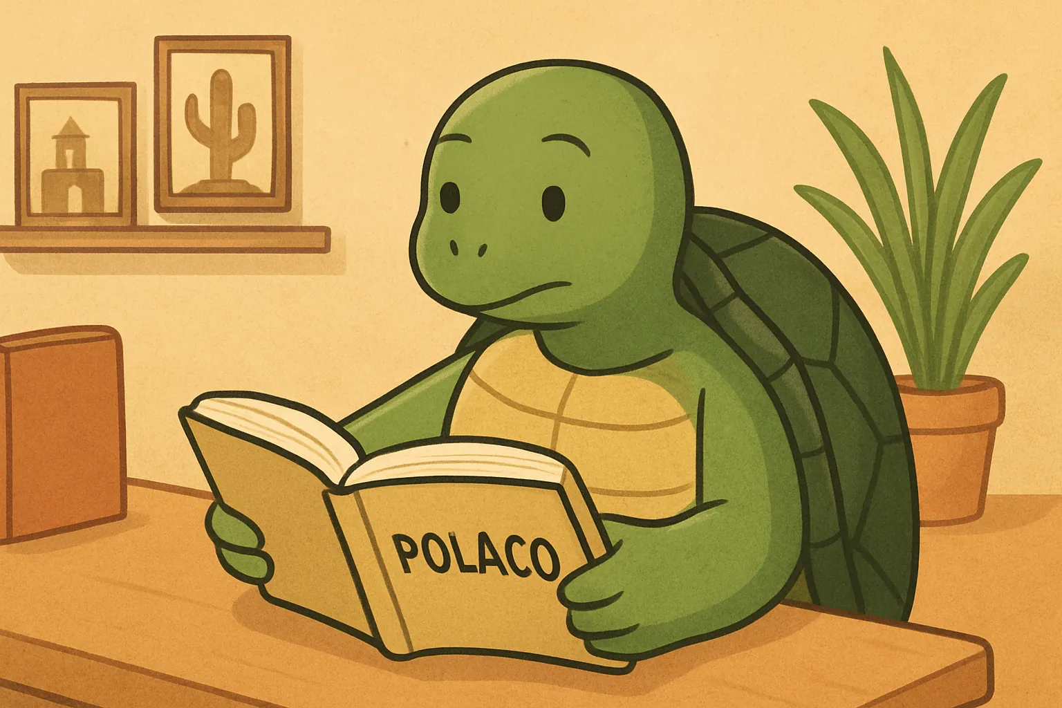 Ilustración editorial que muestra la tortuga de TortoLingua en una escena realista de lectura para aprender idiomas para el artículo "Cómo aprender polaco: guía para hablantes de ucraniano".