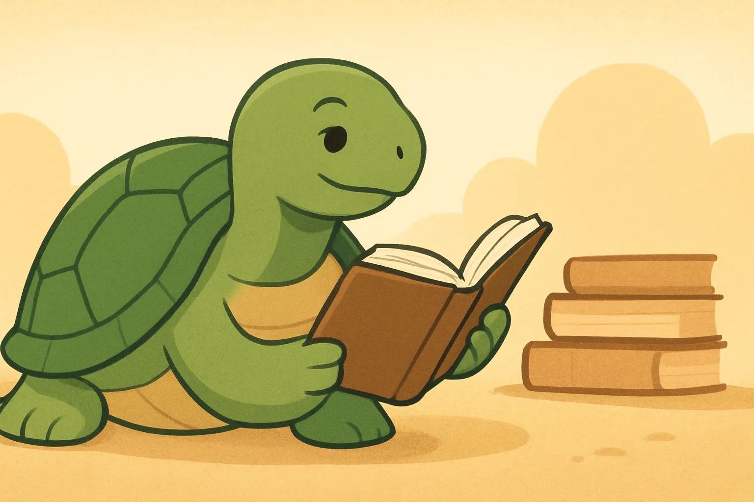 Ilustración editorial que muestra la tortuga de TortoLingua eligiendo lectura y comprensión en lugar de ejercicios repetitivos para el artículo "TortoLingua vs Duolingo: una alternativa basada en lectura".