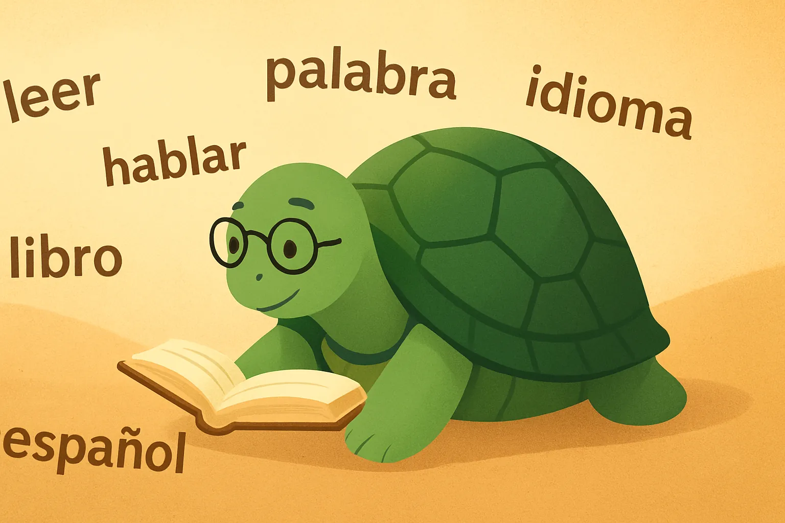 Ilustración editorial que muestra la tortuga de TortoLingua descubriendo significado a través del contexto para el artículo "Lectura extensiva para aprender idiomas: guía completa".