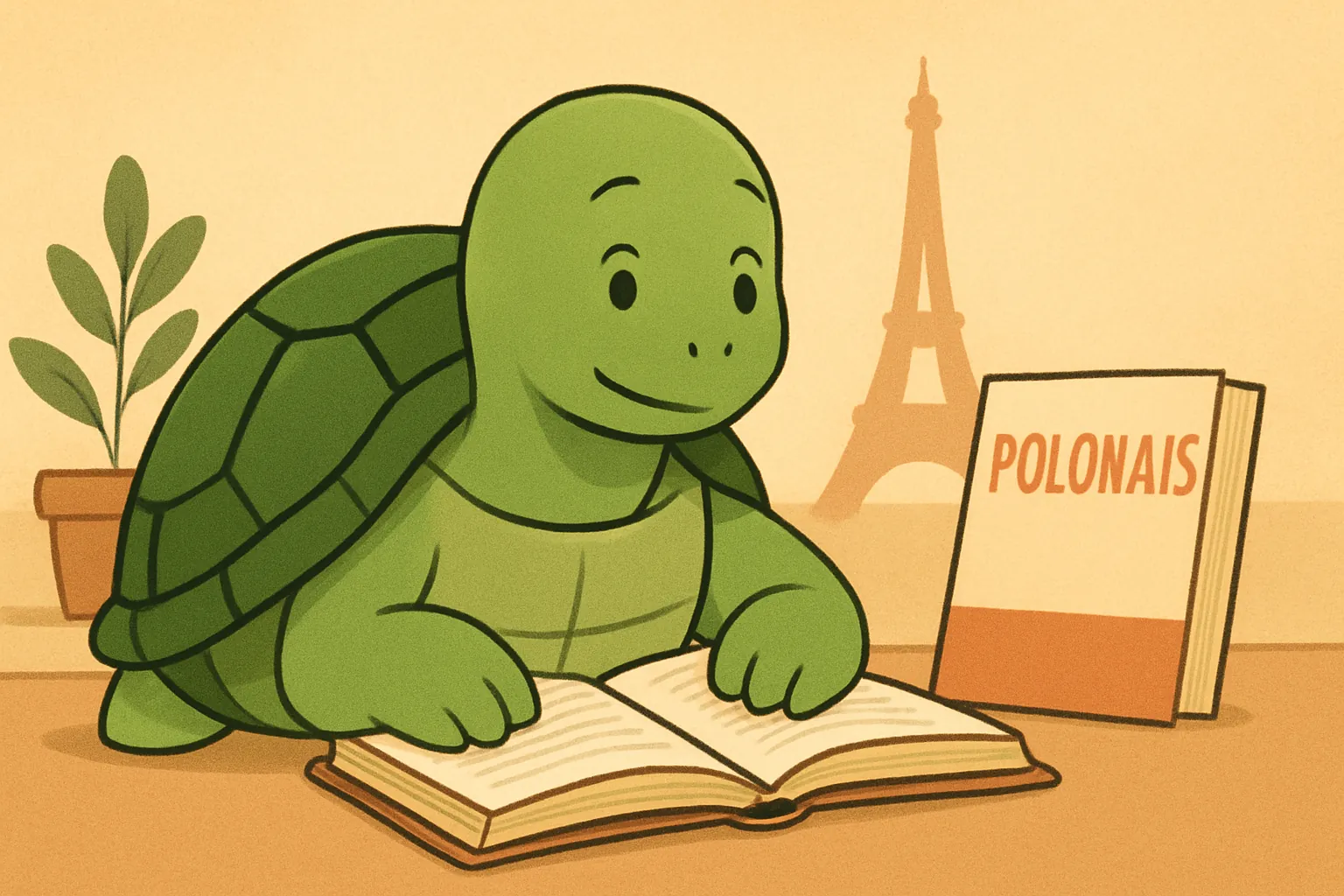 Illustration éditoriale montrant la tortue de TortoLingua dans une scène réaliste de lecture pour apprendre une langue pour l’article "Comment apprendre le polonais : guide pour les ukrainophones".