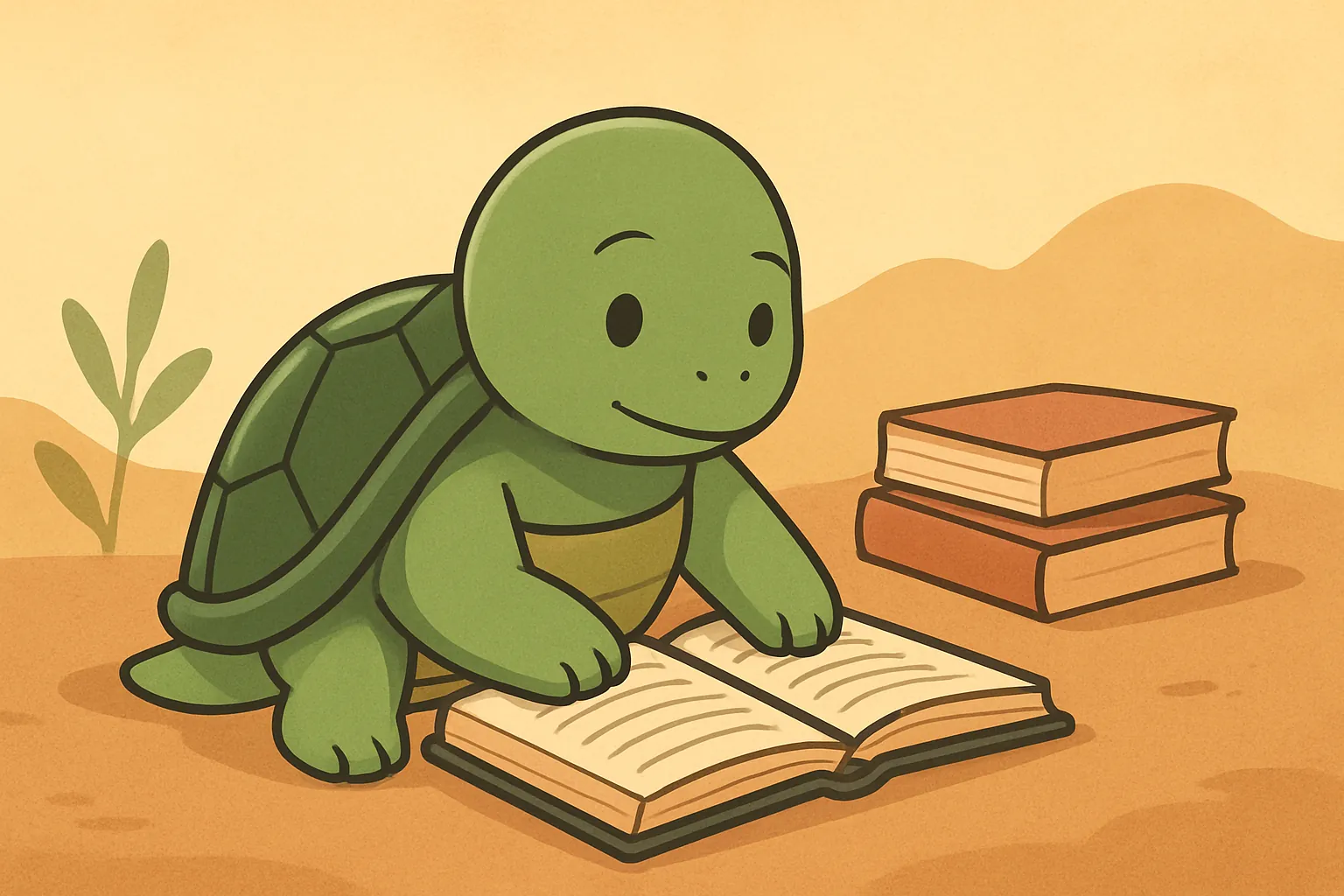 Illustration éditoriale montrant la tortue de TortoLingua choisissant la lecture et la compréhension plutôt que les exercices répétitifs pour l’article "TortoLingua vs Duolingo : une alternative basée sur la lecture".
