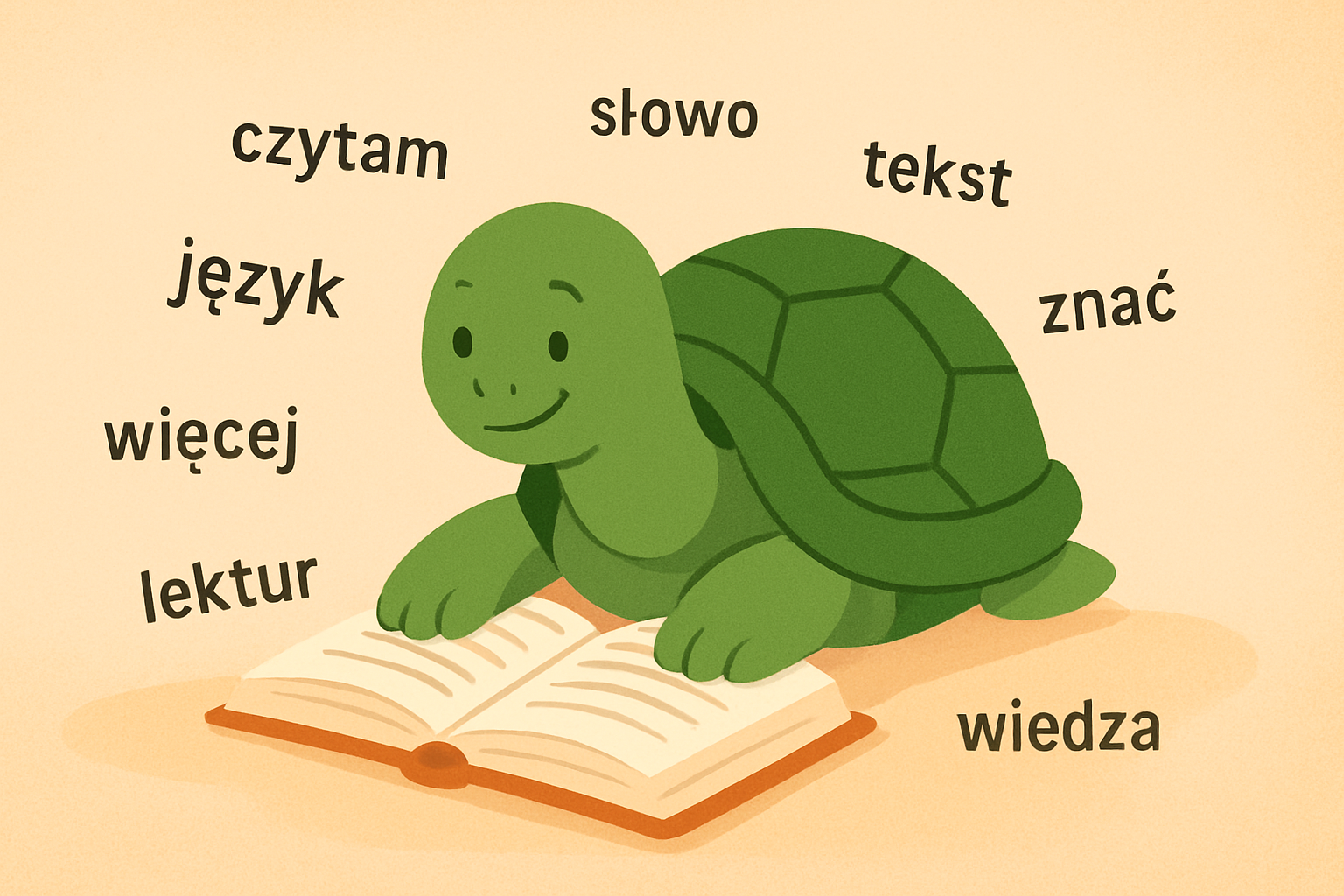 Ilustracja redakcyjna przedstawiająca żółwia TortoLingua odkrywającego znaczenie dzięki kontekstowi do artykułu "Czytanie ekstensywne w nauce języków: kompletny przewodnik".