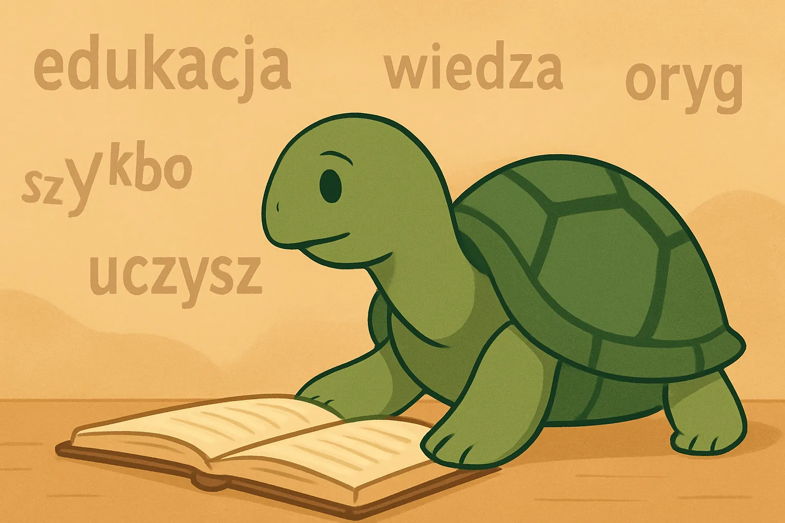 Ilustracja redakcyjna przedstawiająca żółwia TortoLingua odkrywającego znaczenie dzięki kontekstowi do artykułu "Jak powtórki rozłożone w czasie działają w nauce języków".