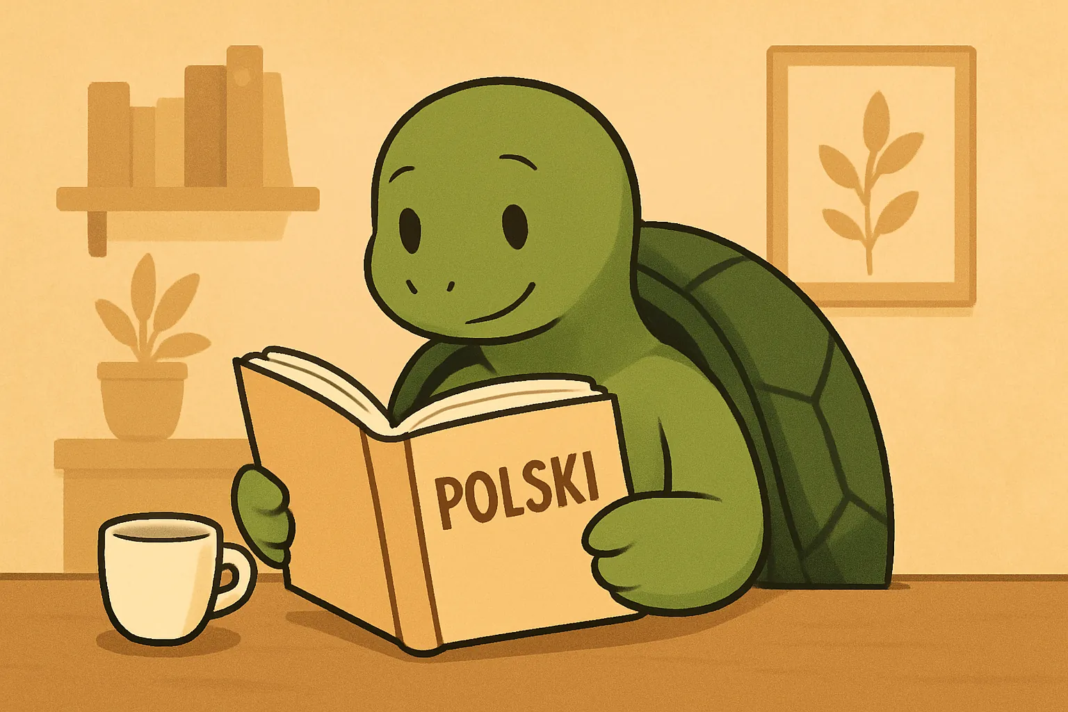 Ilustracja redakcyjna przedstawiająca żółwia TortoLingua w realistycznej scenie nauki języka przez czytanie do artykułu "Jak nauczyć się polskiego: przewodnik dla Ukraińców".