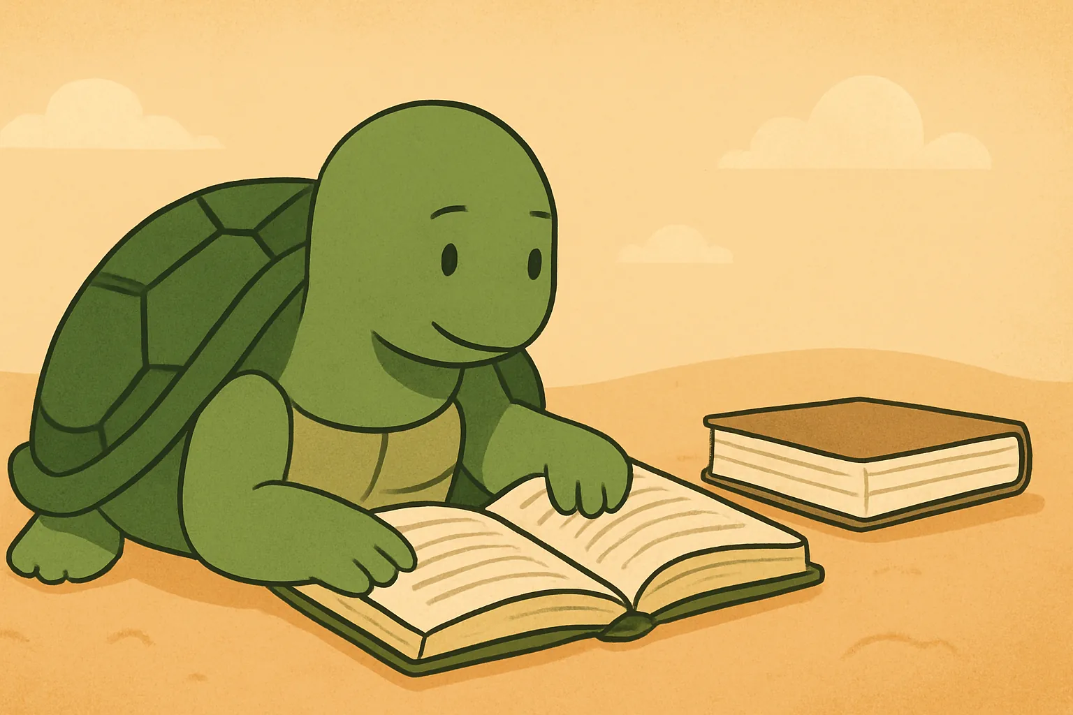Ilustracja redakcyjna przedstawiająca żółwia TortoLingua wybierającego czytanie i rozumienie zamiast ćwiczeń pamięciowych do artykułu "TortoLingua vs Duolingo: alternatywa oparta na czytaniu".