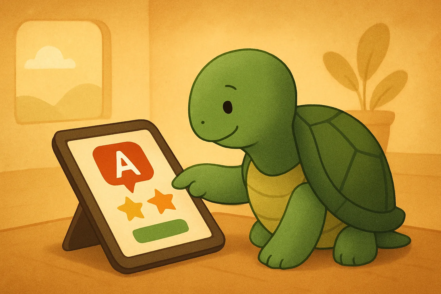 Ilustracja redakcyjna przedstawiająca żółwia TortoLingua w ciepłej scenie książki dla dzieci do artykułu "Najlepsze aplikacje do nauki języków dla dzieci w 2026".