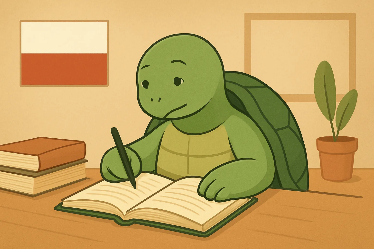 Ilustracja redakcyjna przedstawiająca żółwia TortoLingua w realistycznej scenie nauki języka przez czytanie do artykułu "Jak nauczyć się angielskiego samodzielnie: kompletny przewodnik".