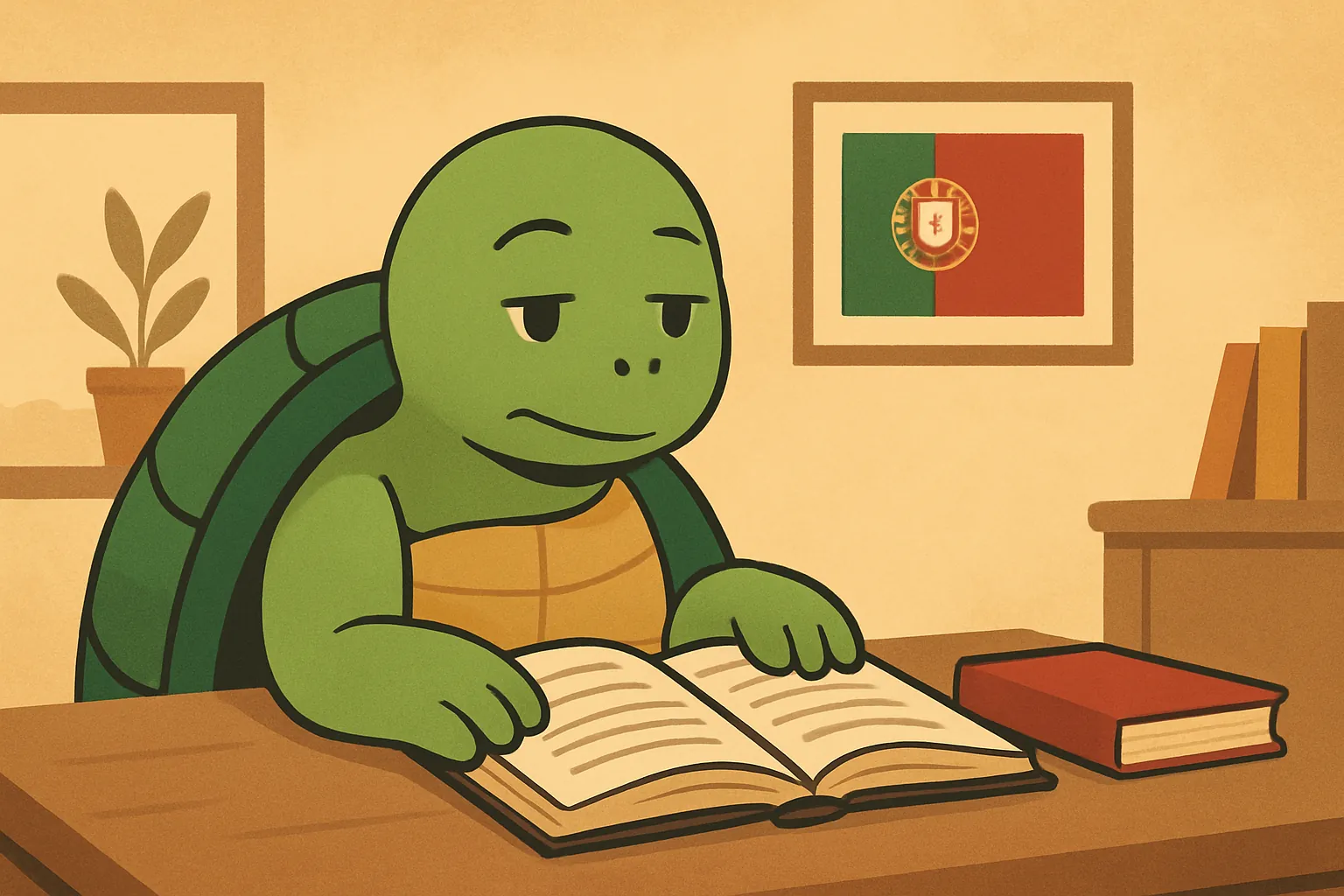Ilustração editorial mostrando a tartaruga da TortoLingua em uma cena realista de leitura para aprender idiomas para o artigo "Como aprender polonês: guia para falantes de ucraniano".