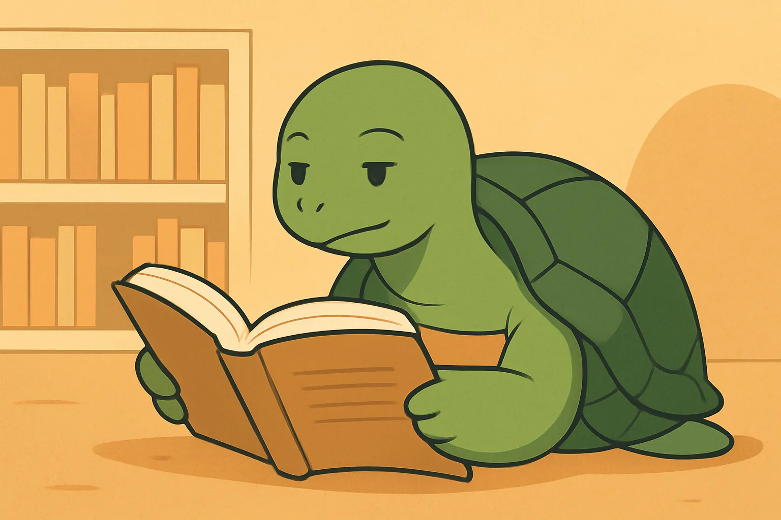 Ilustração editorial mostrando a tartaruga da TortoLingua escolhendo leitura e compreensão em vez de exercícios mecânicos para o artigo "TortoLingua vs Duolingo: uma alternativa baseada em leitura".