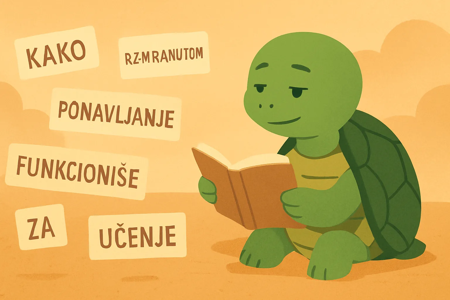 Urednička ilustracija koja prikazuje kornjaču TortoLingua koja otkriva značenje kroz kontekst za članak "Kako razmaknutom ponavljanje funkcioniše za učenje jezika".