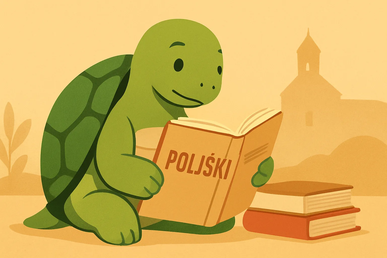 Urednička ilustracija koja prikazuje kornjaču TortoLingua u realističnoj sceni učenja jezika kroz čitanje za članak "Kako naučiti poljski: vodič za govornike ukrajinskog".