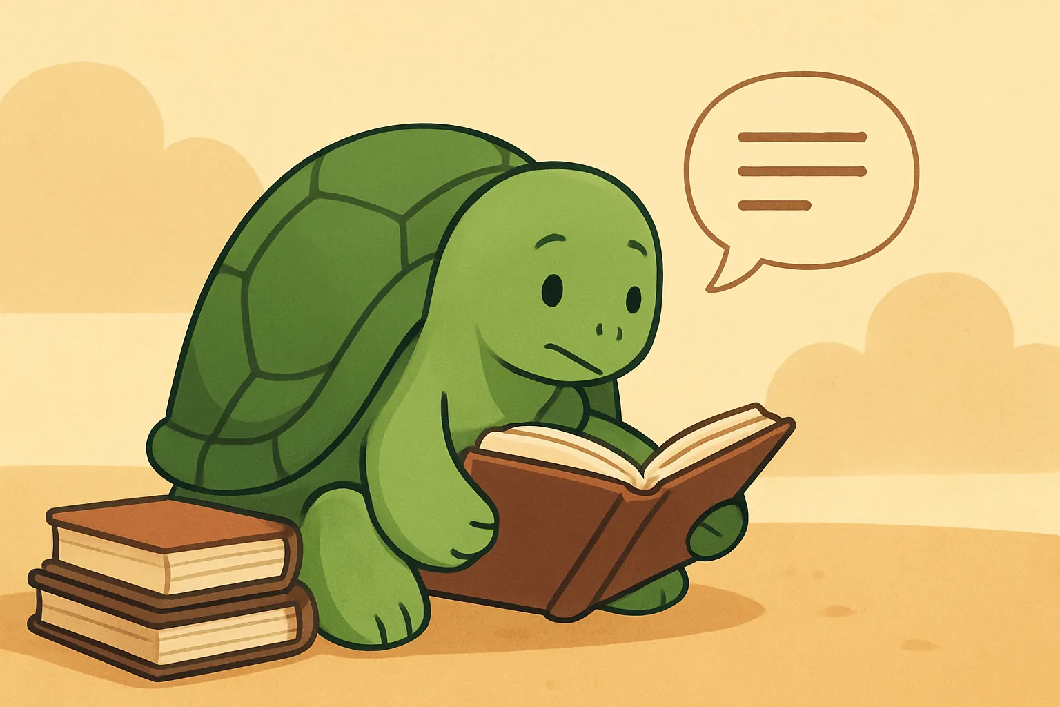 Urednička ilustracija koja prikazuje kornjaču TortoLingua koja bira čitanje i razumevanje umesto drilova za članak "TortoLingua vs Duolingo: alternativa zasnovana na čitanju".