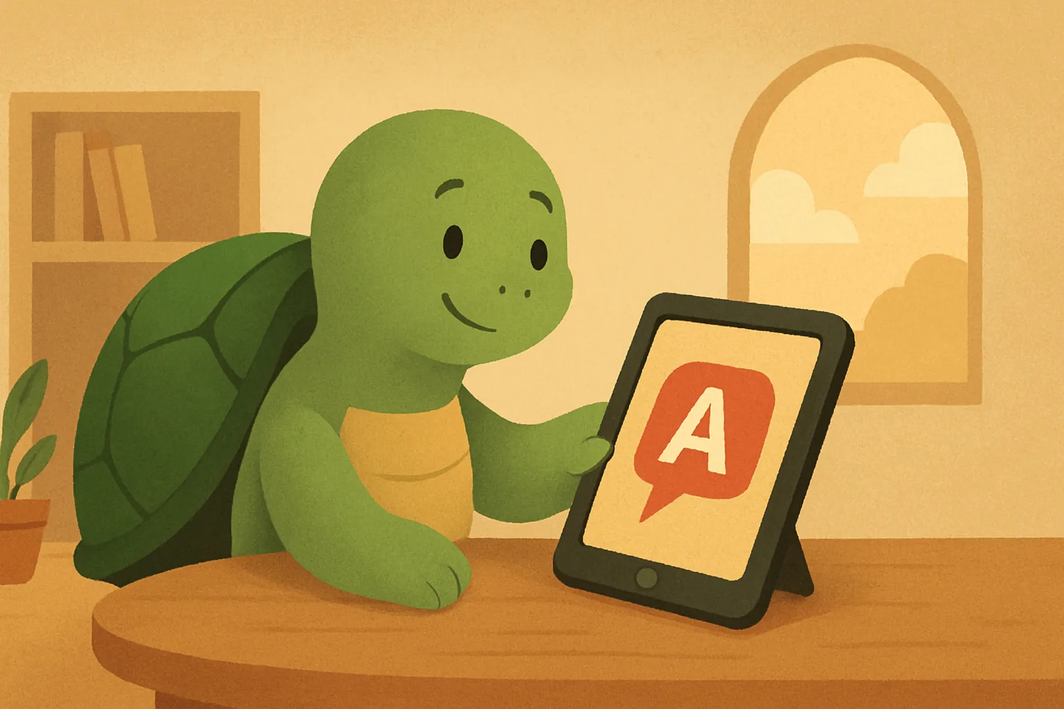 Urednička ilustracija koja prikazuje kornjaču TortoLingua u toploj sceni dečje priče za članak "Najbolje aplikacije za učenje jezika za decu u 2026".