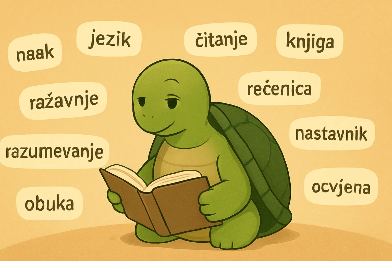 Urednička ilustracija koja prikazuje kornjaču TortoLingua koja otkriva značenje kroz kontekst za članak "Ekstenzivno čitanje za učenje jezika: kompletan vodič".