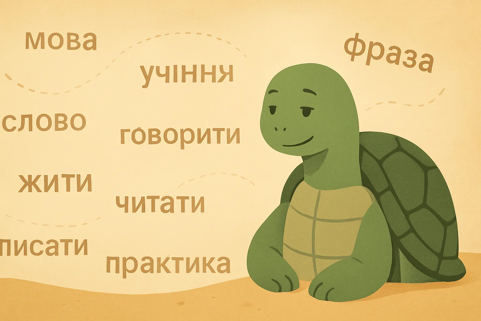 Редакційна ілюстрація, що показує черепаху TortoLingua в моменті, де значення відкривається через контекст, для статті "Як інтервальне повторення працює для вивчення мов".