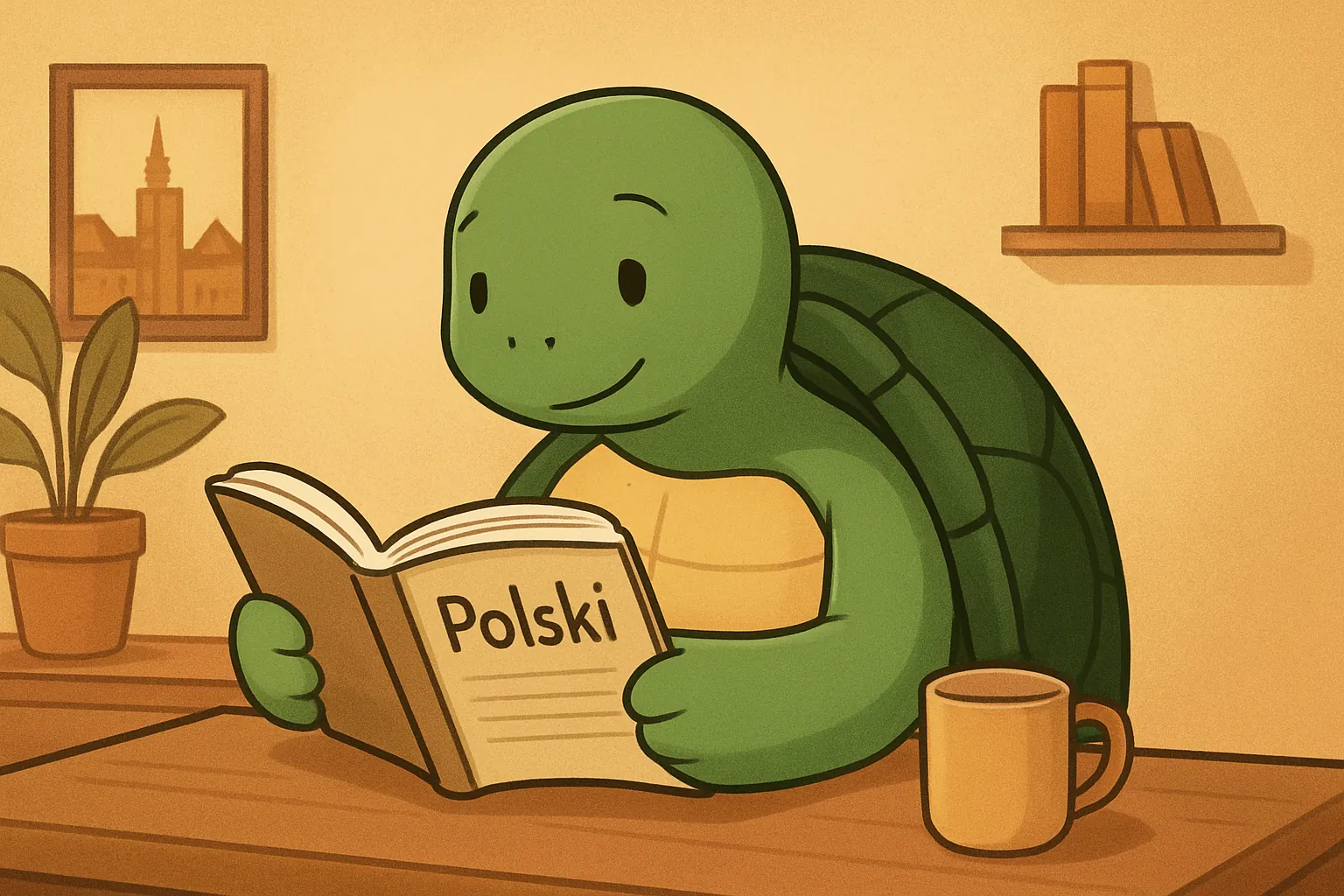 Редакційна ілюстрація, що показує черепаху TortoLingua у реалістичній сцені вивчення мови через читання, для статті "Як вивчити польську мову: гайд для українців".