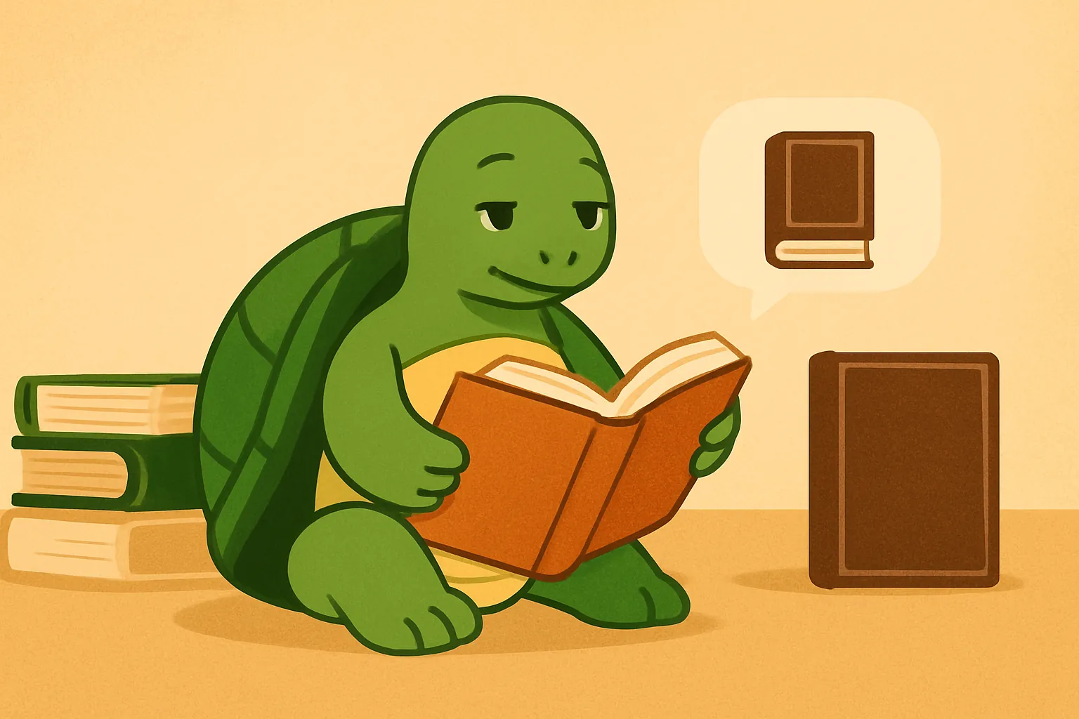 Редакційна ілюстрація, що показує черепаху TortoLingua, що обирає читання і розуміння замість дрилів, для статті "TortoLingua vs Duolingo: альтернатива на основі читання".