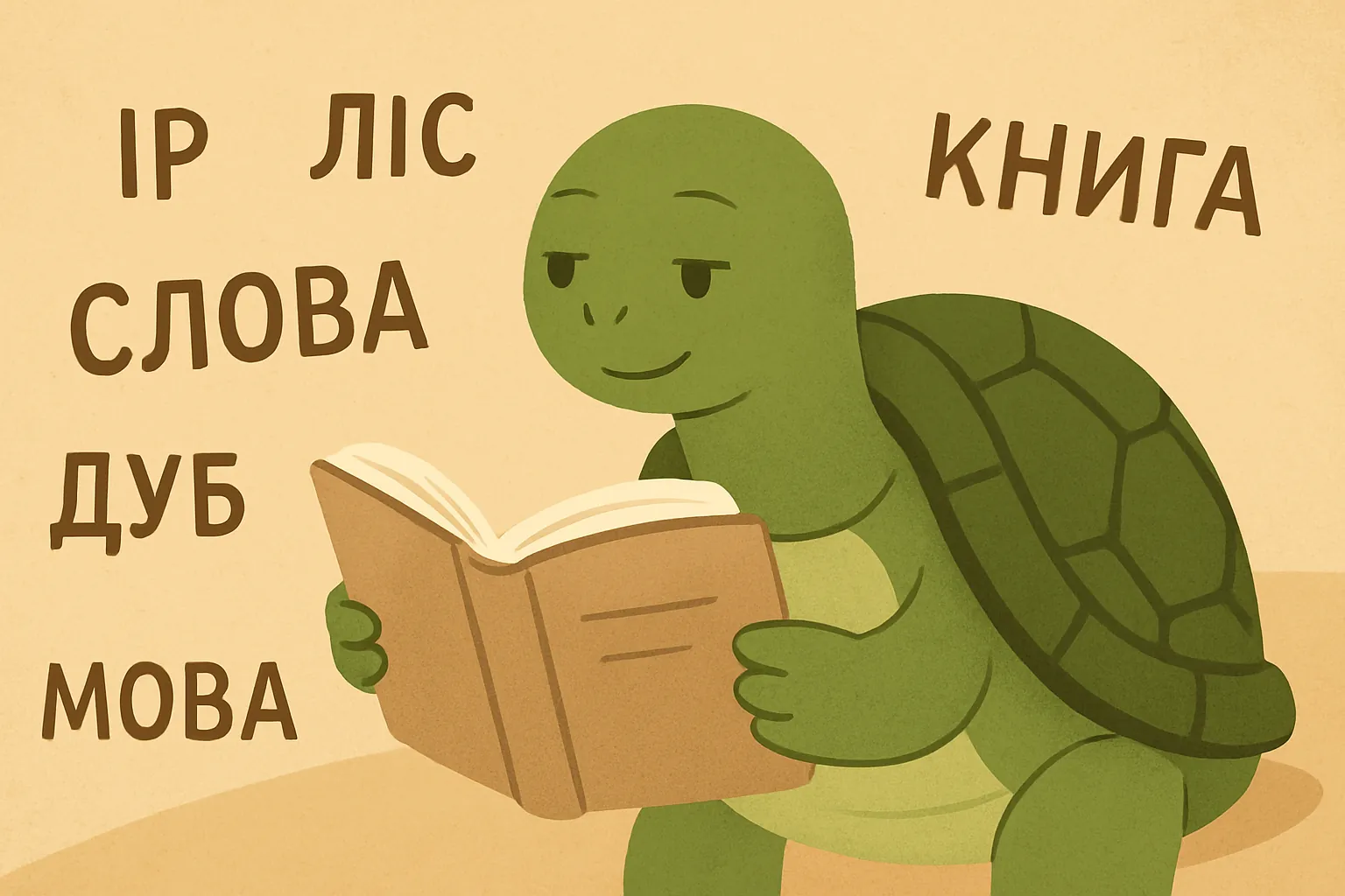 Редакційна ілюстрація, що показує черепаху TortoLingua в моменті, де значення відкривається через контекст, для статті "Екстенсивне читання для вивчення мов: повний гайд".