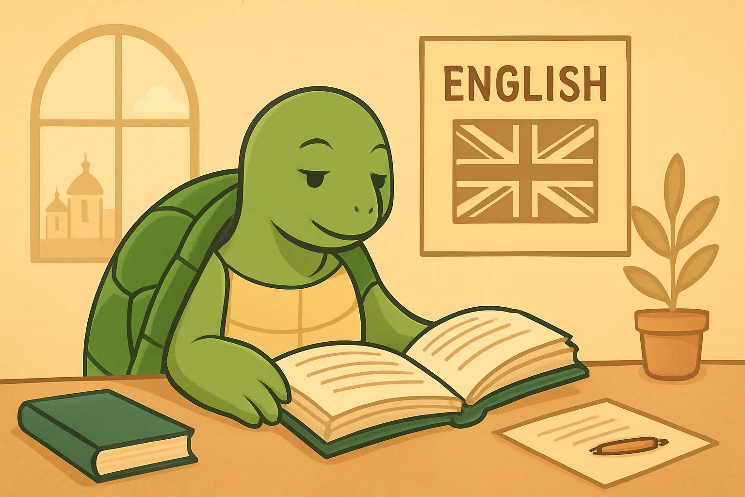 Редакційна ілюстрація, що показує черепаху TortoLingua у реалістичній сцені вивчення мови через читання, для статті "Як вивчити англійську самостійно: повний гайд".