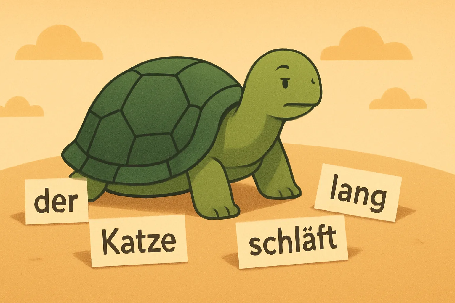 Redaktionelle Illustration mit die TortoLingua-Schildkröte, wie sie Bedeutung durch Kontext entdeckt zum Artikel "Die Natural-Order-Hypothese: Warum die Grammatikreihenfolge nicht der Lernreihenfolge entspricht".