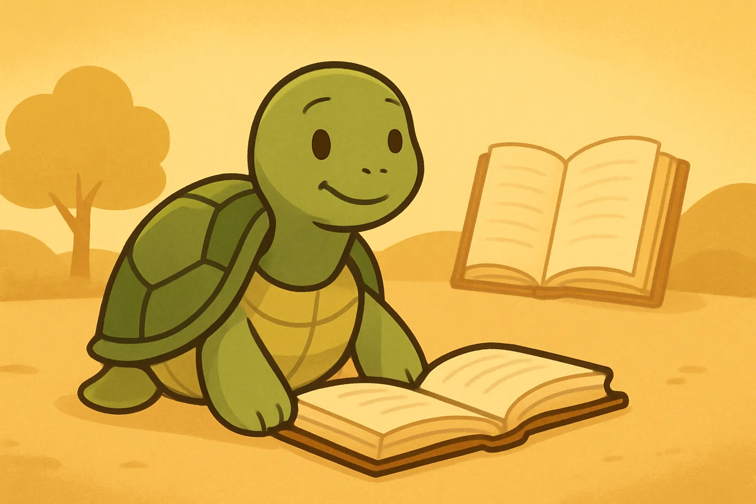 Redaktionelle Illustration mit die TortoLingua-Schildkröte in einer warmen Bilderbuchszene zum Artikel "Vorteile zweisprachiger Erziehung: Was die Forschung zeigt".