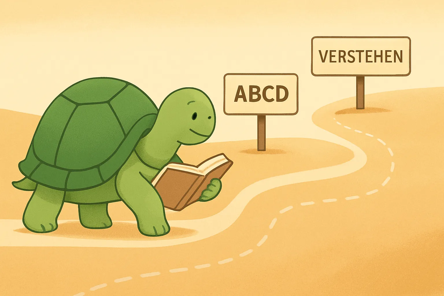 Redaktionelle Illustration mit die TortoLingua-Schildkröte in einer ruhigen Leselernszene zum Artikel "Lernplateau beim Sprachenlernen: Warum Sie stagnieren und wie Sie durchbrechen".