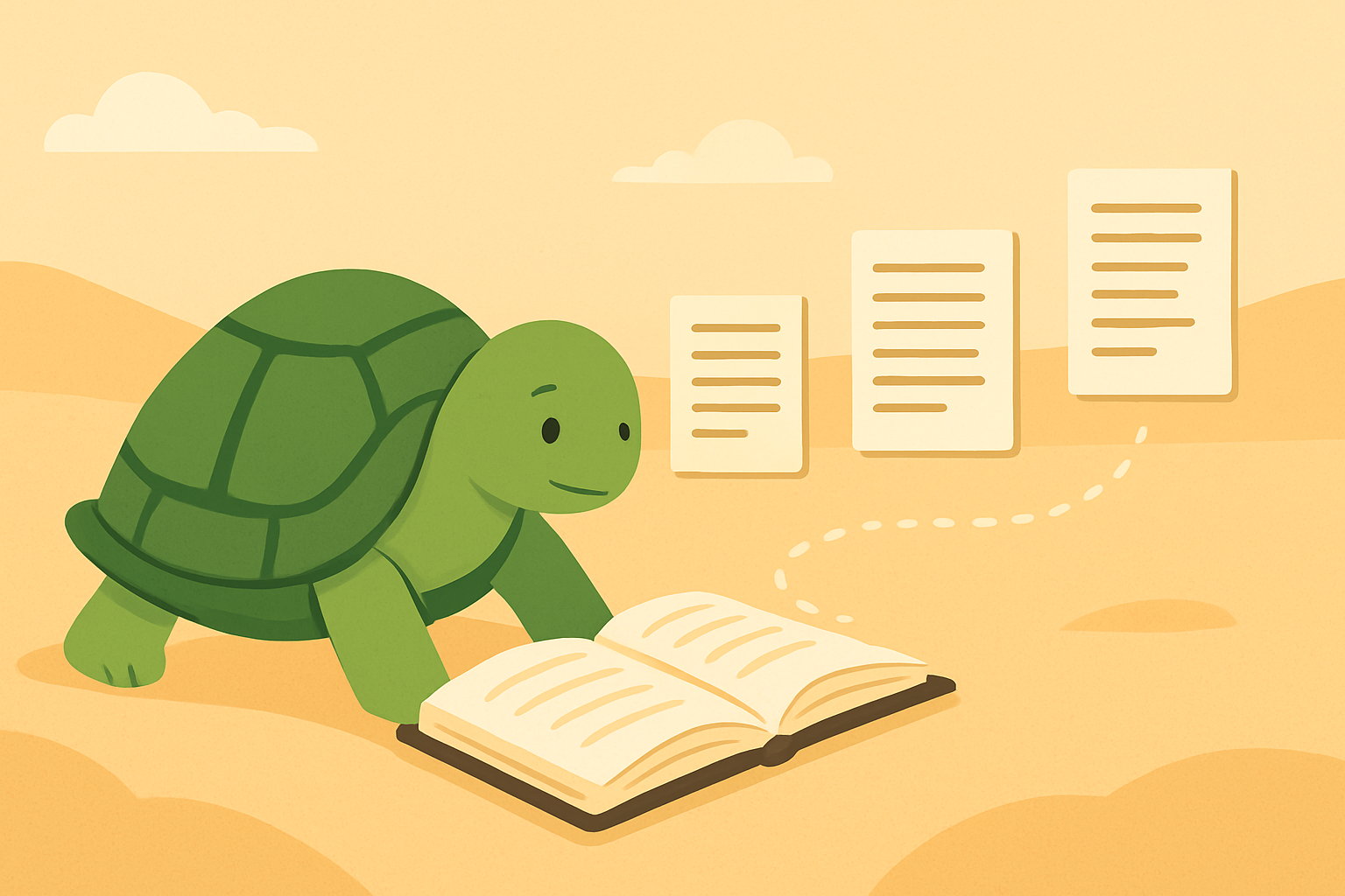 Redaktionelle Illustration mit die TortoLingua-Schildkröte in einer ruhigen Leselernszene zum Artikel "Wie viel muss man lesen um B1 zu erreichen?".