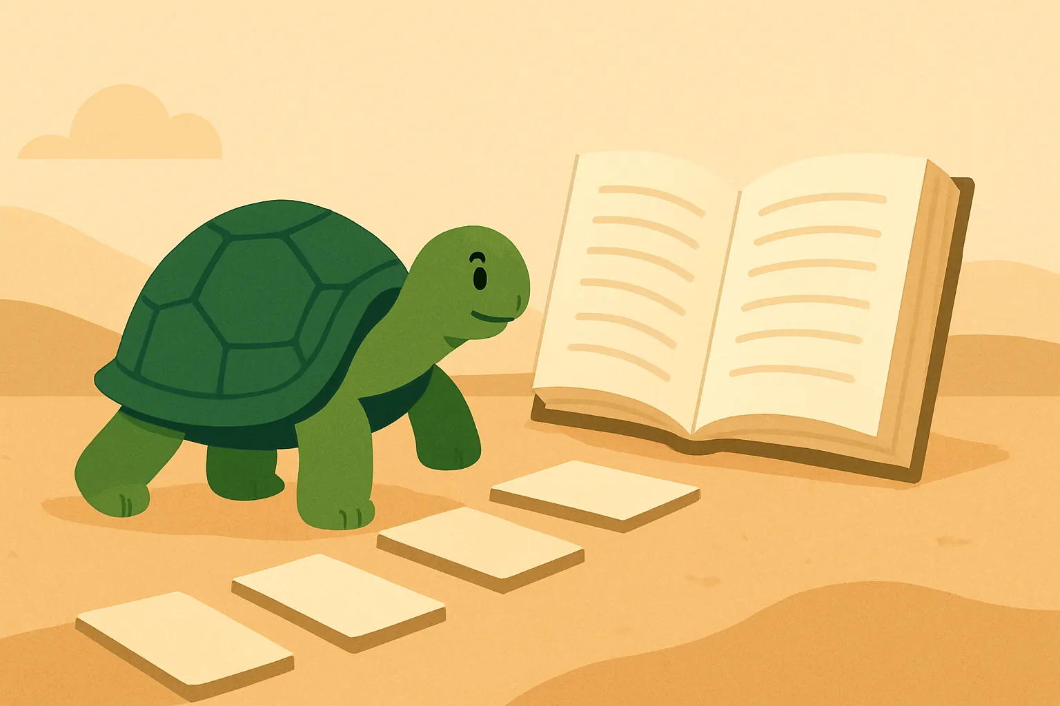 Editorial illustration showing the TortoLingua turtle in a calm reading path scene for the article "Language Learning Consistency: Why 10 Minutes Daily Beats Weekend Marathons".