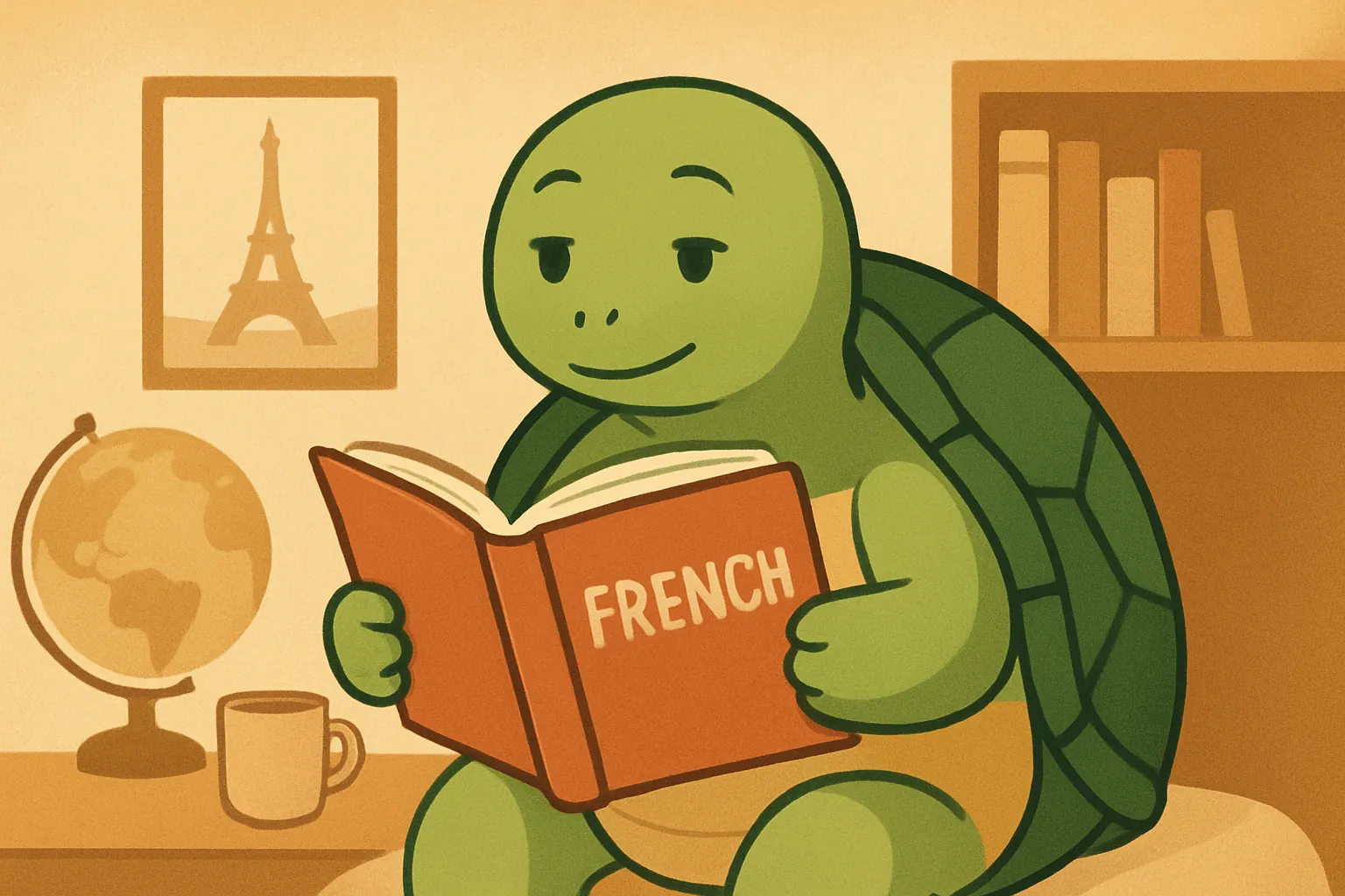 Editorial illustration showing the TortoLingua turtle in a real-world language-learning reading scene for the article "Learn French Through Reading: Why It Works and How to Start".
