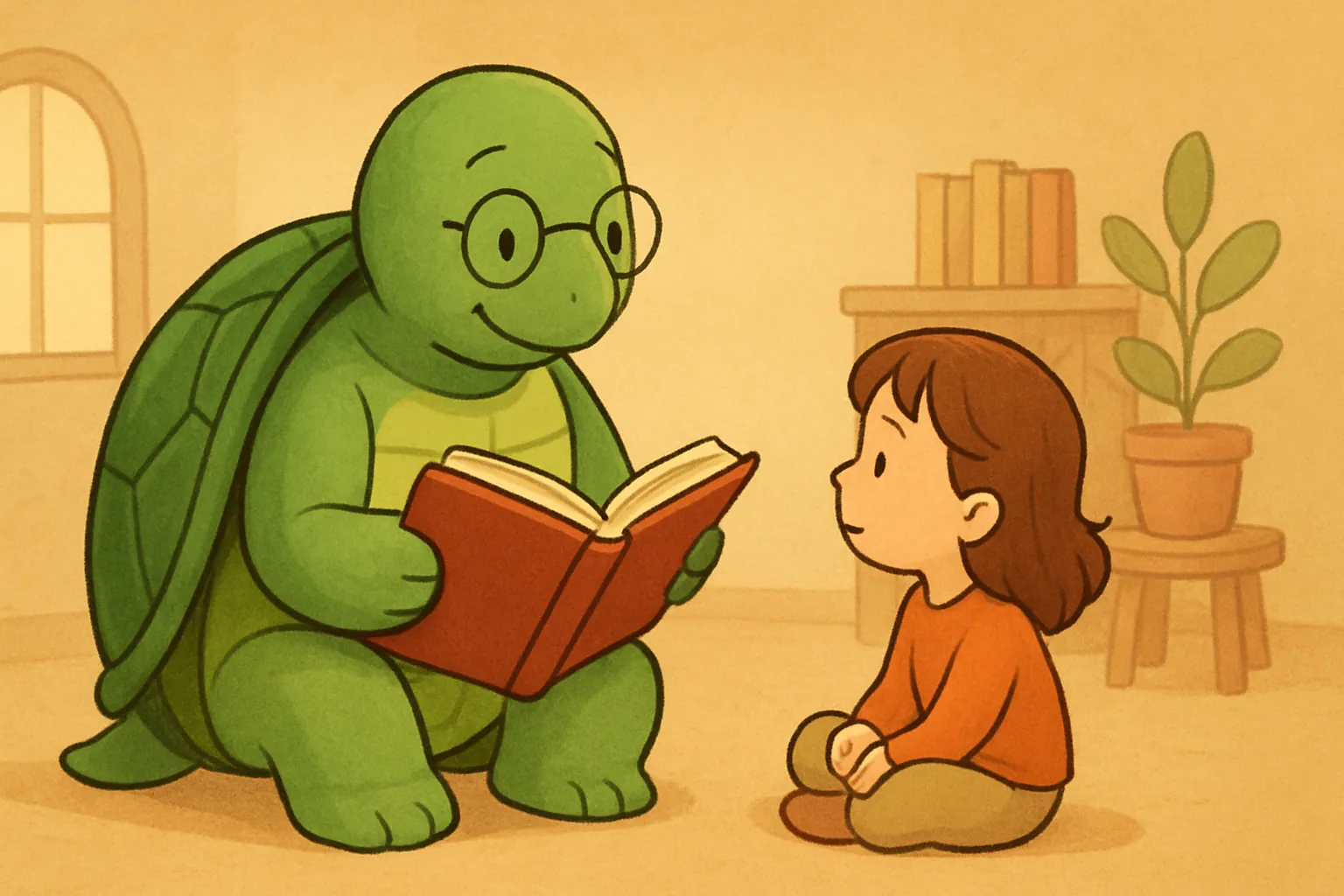 Editorial illustration showing the TortoLingua turtle in a warm storybook learning scene for the article "How Kids Learn Languages Through Stories: A Parent's Guide".