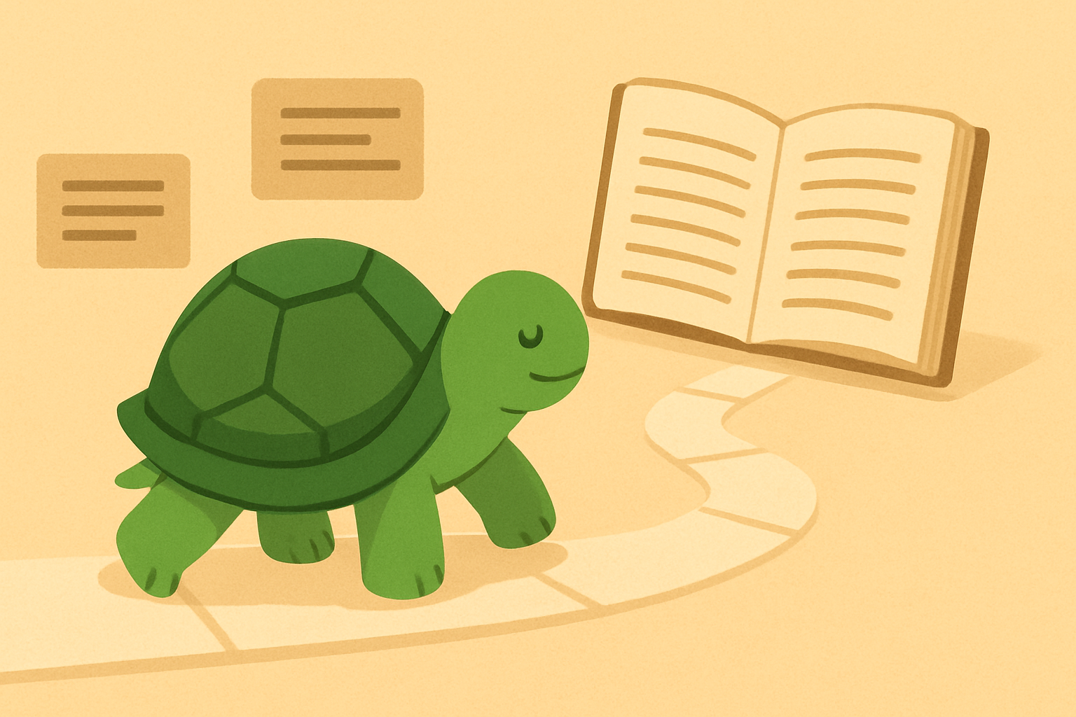 Ilustración editorial que muestra la tortuga de TortoLingua en una escena tranquila de aprendizaje por lectura para el artículo "¿Cuánto hay que leer para alcanzar el nivel B1?".