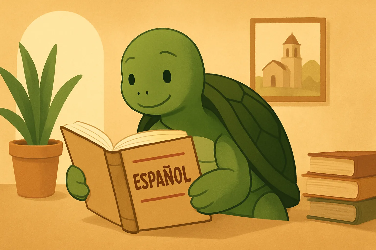 Ilustración editorial que muestra la tortuga de TortoLingua en una escena realista de lectura para aprender idiomas para el artículo "Cómo aprender español desde cero: guía paso a paso".
