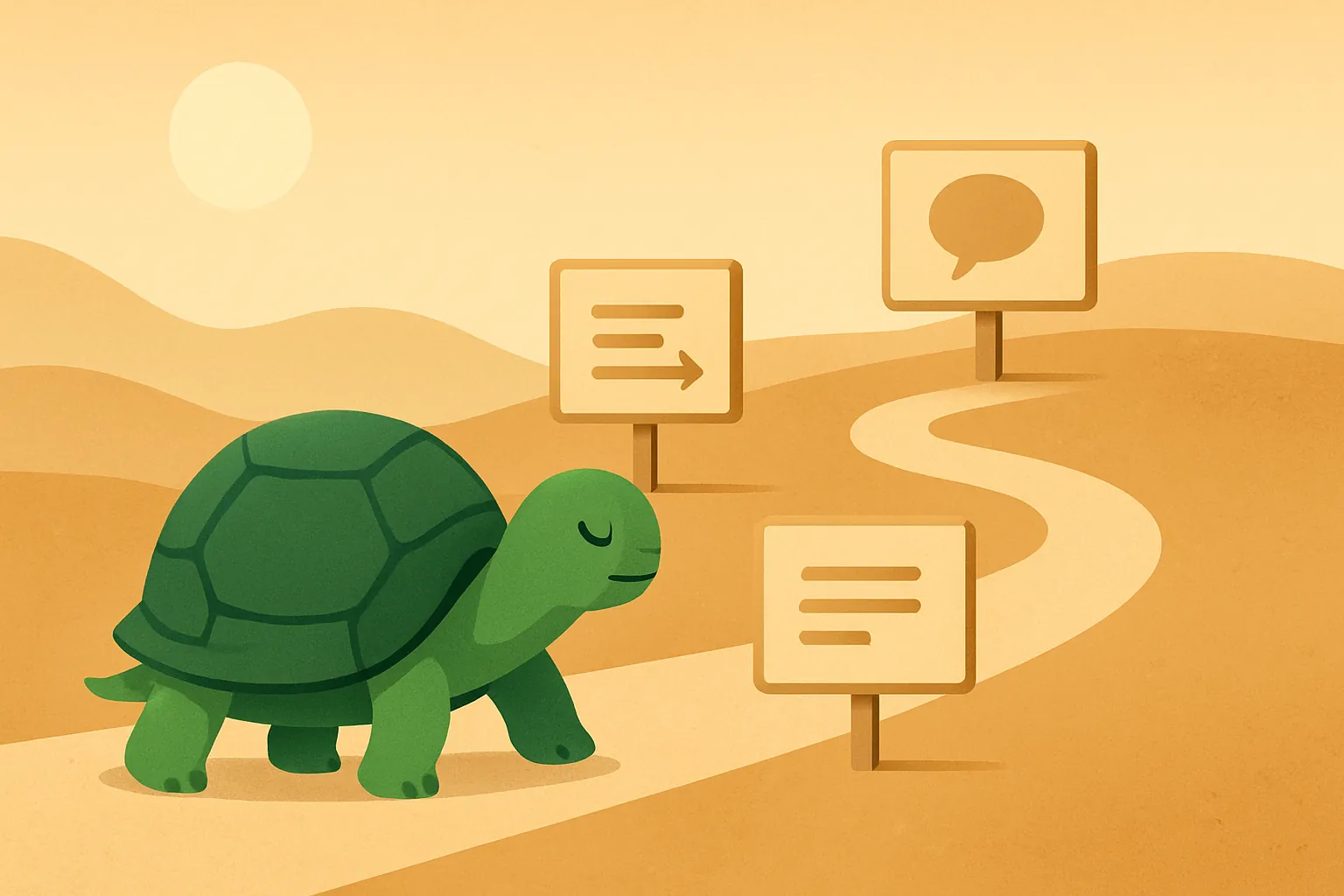 Ilustración editorial que muestra la tortuga de TortoLingua en una escena tranquila de aprendizaje por lectura para el artículo "Meseta en el aprendizaje de idiomas: por qué estás estancado y cómo superarlo".