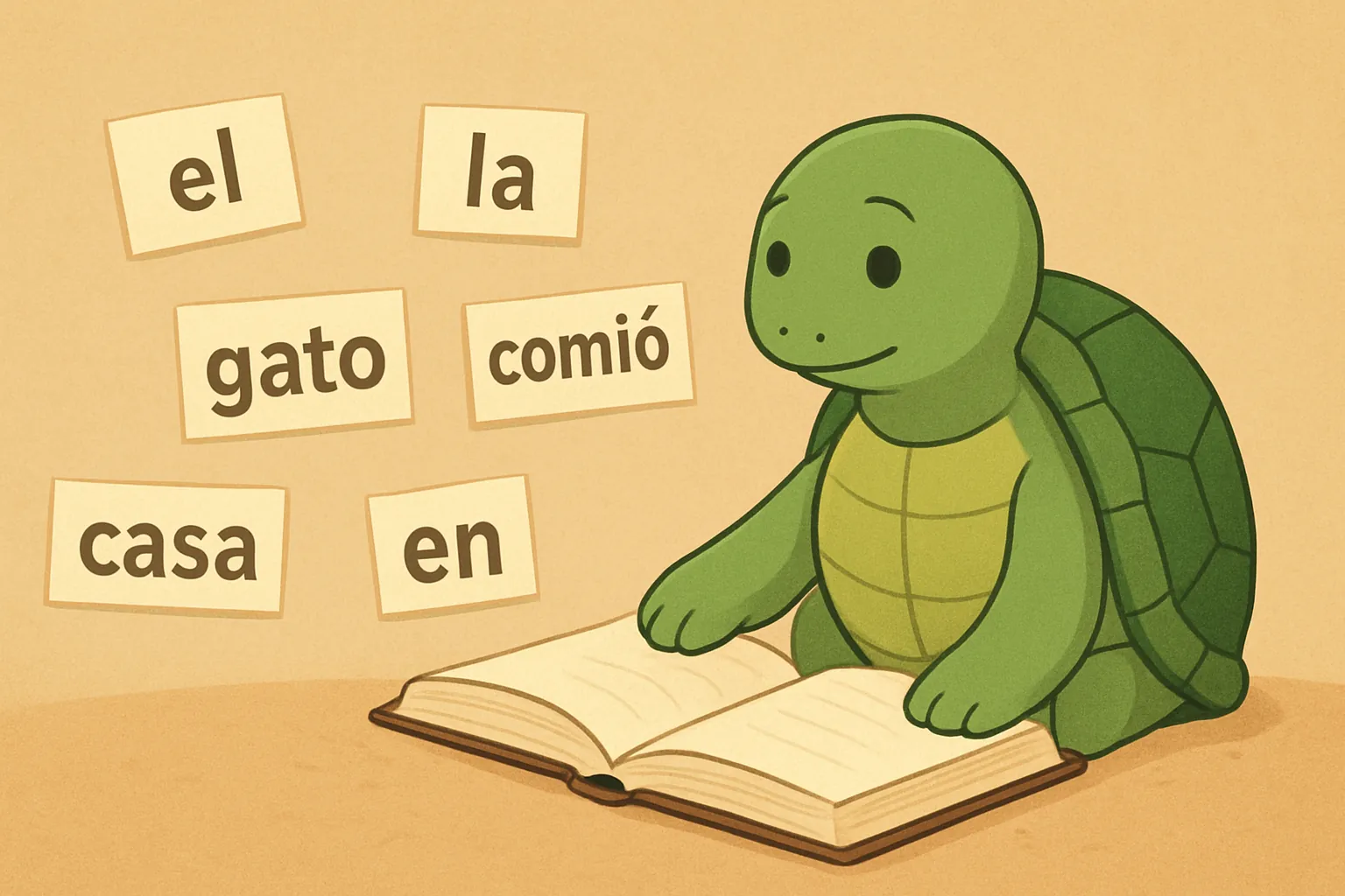 Ilustración editorial que muestra la tortuga de TortoLingua descubriendo significado a través del contexto para el artículo "Input comprensible vs estudio de gramática: ¿qué funciona mejor?".