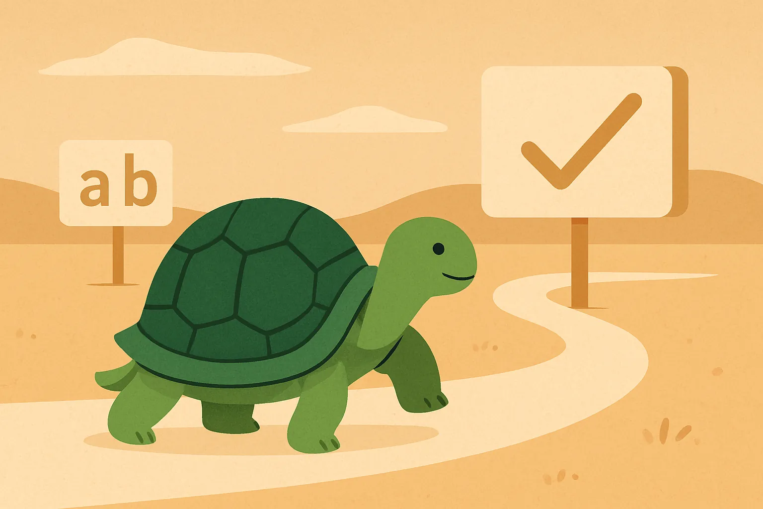 Illustration éditoriale montrant la tortue de TortoLingua dans une scène calme d’apprentissage par la lecture pour l’article "Régularité en apprentissage des langues : pourquoi 10 minutes par jour battent les marathons".