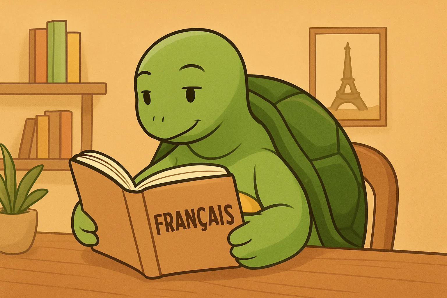 Illustration éditoriale montrant la tortue de TortoLingua dans une scène réaliste de lecture pour apprendre une langue pour l’article "Apprendre le français par la lecture : pourquoi ça marche et comment commencer".