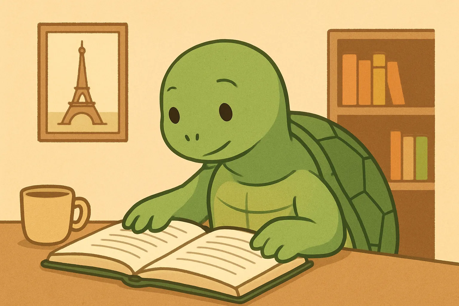 Illustration éditoriale montrant la tortue de TortoLingua dans une scène réaliste de lecture pour apprendre une langue pour l’article "Apprendre le serbe débutant : guide pratique".