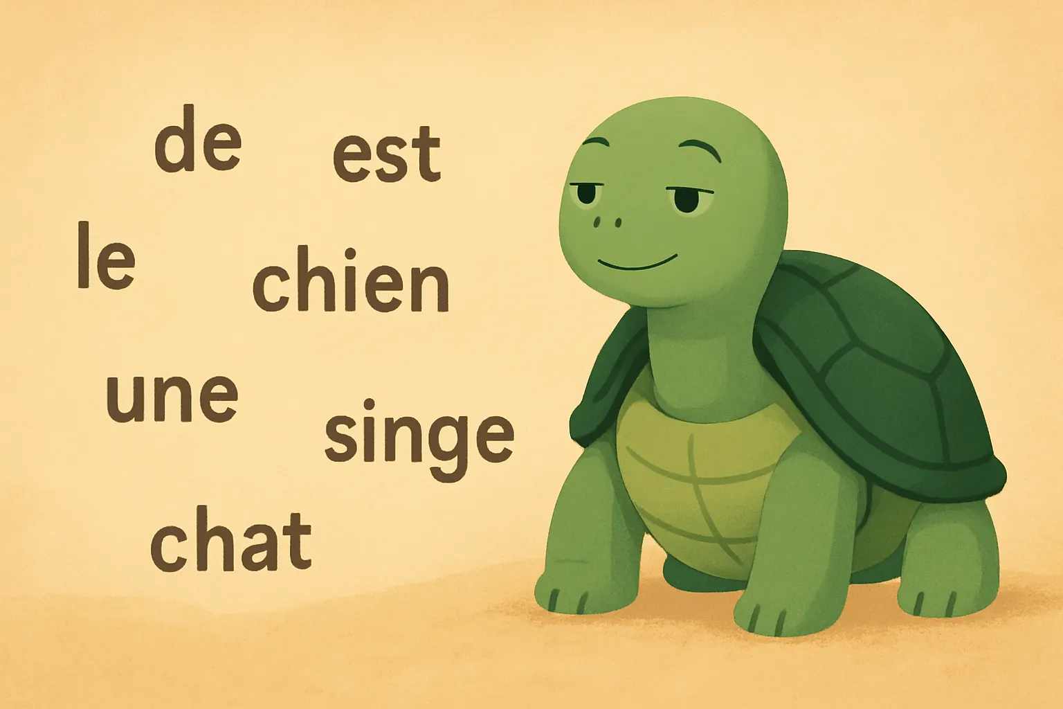 Illustration éditoriale montrant la tortue de TortoLingua découvrant le sens grâce au contexte pour l’article "L'hypothèse de l'ordre naturel : pourquoi la séquence grammaticale ne correspond pas à l'apprentissage".