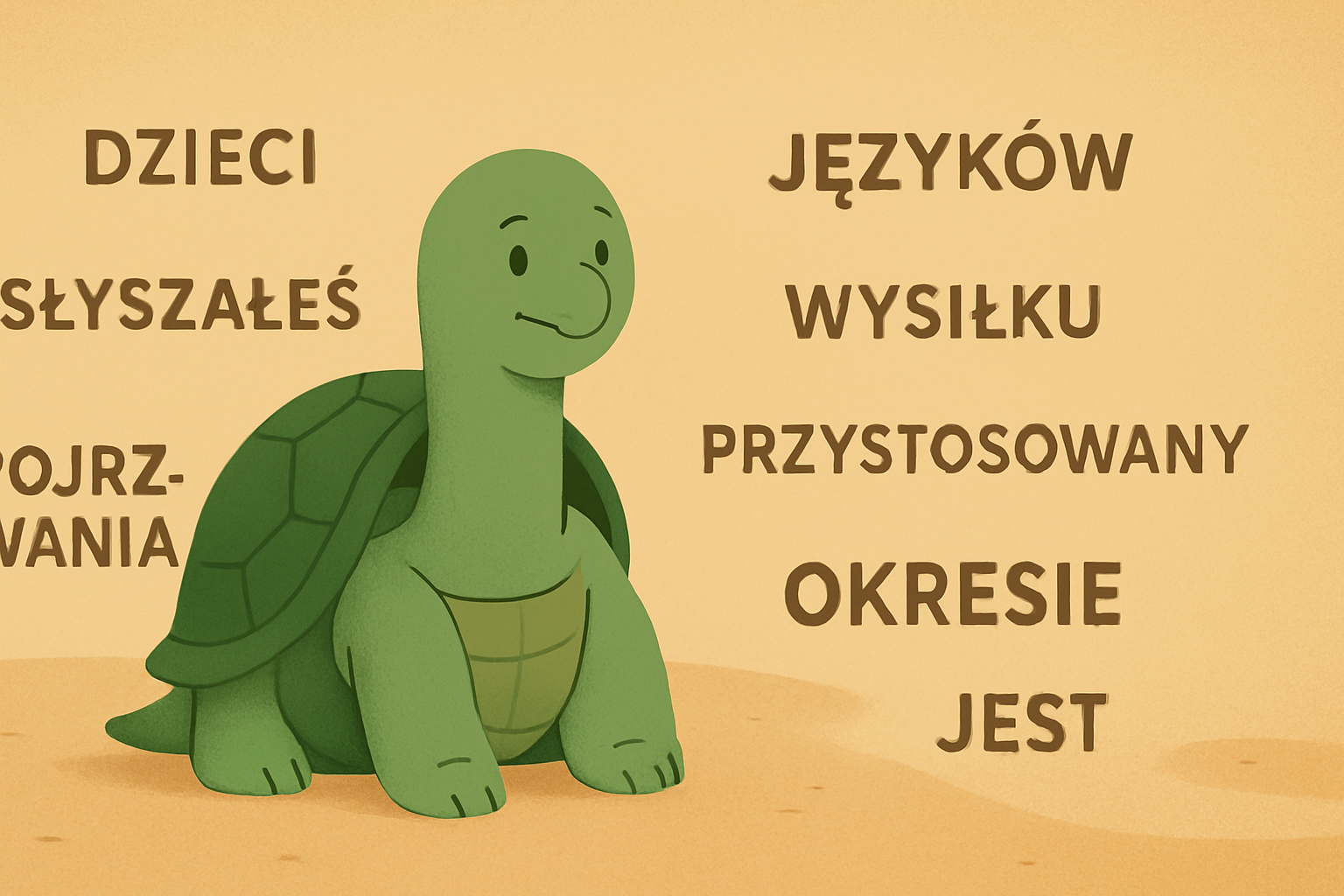 Ilustracja redakcyjna przedstawiająca żółwia TortoLingua odkrywającego znaczenie dzięki kontekstowi do artykułu "Czy jestem za stary na naukę języka? Badania mówią że nie".