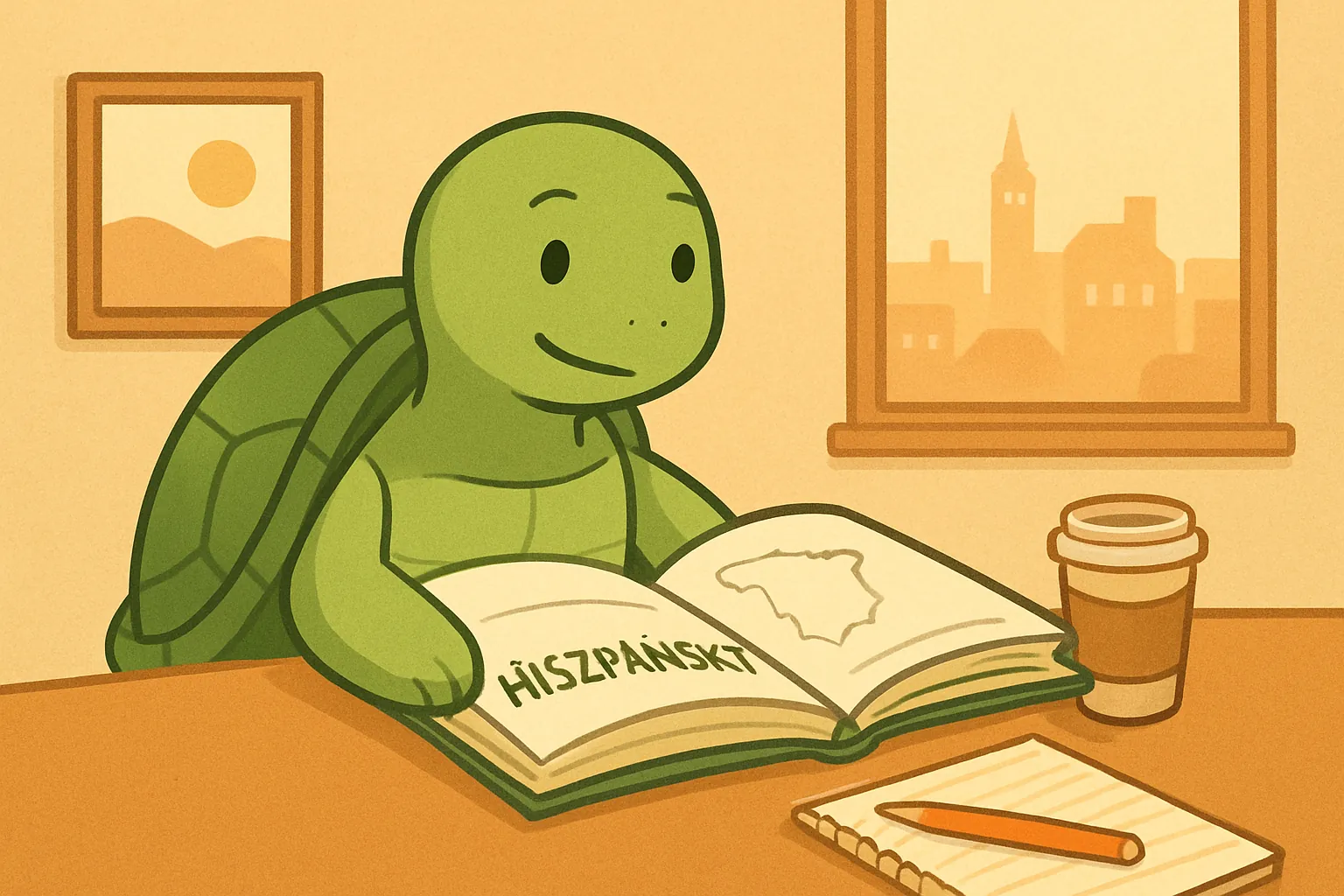 Ilustracja redakcyjna przedstawiająca żółwia TortoLingua w realistycznej scenie nauki języka przez czytanie do artykułu "Jak nauczyć się hiszpańskiego od zera: przewodnik krok po kroku".