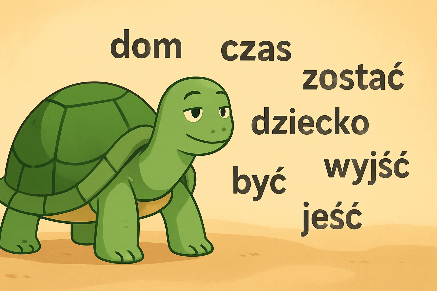 Ilustracja redakcyjna przedstawiająca żółwia TortoLingua odkrywającego znaczenie dzięki kontekstowi do artykułu "Hipoteza naturalnego porządku: dlaczego kolejność gramatyki nie odpowiada kolejności uczenia się".