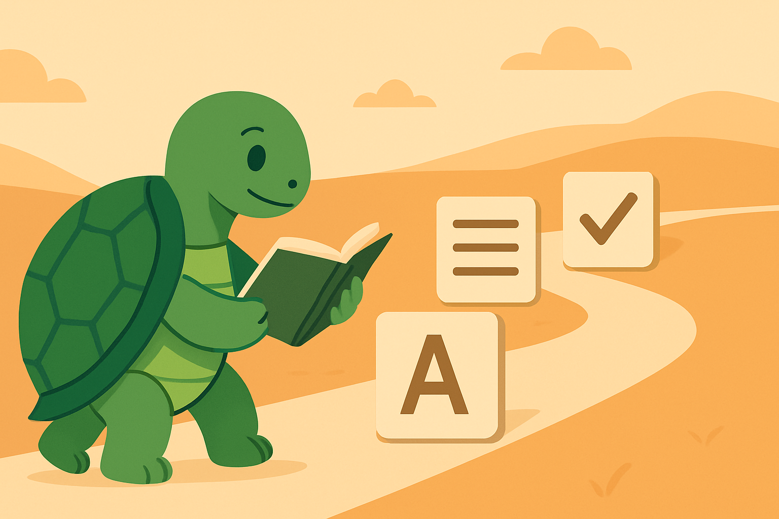 Ilustracja redakcyjna przedstawiająca żółwia TortoLingua w spokojnej scenie nauki przez czytanie do artykułu "Regularność w nauce języka: dlaczego 10 minut dziennie wygrywa z maratonami".