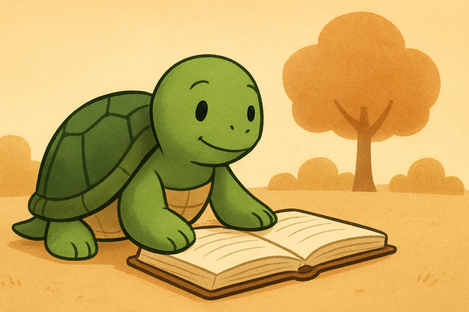 Ilustracja redakcyjna przedstawiająca żółwia TortoLingua w ciepłej scenie książki dla dzieci do artykułu "Korzyści z dwujęzycznego wychowania dzieci: co mówią badania".
