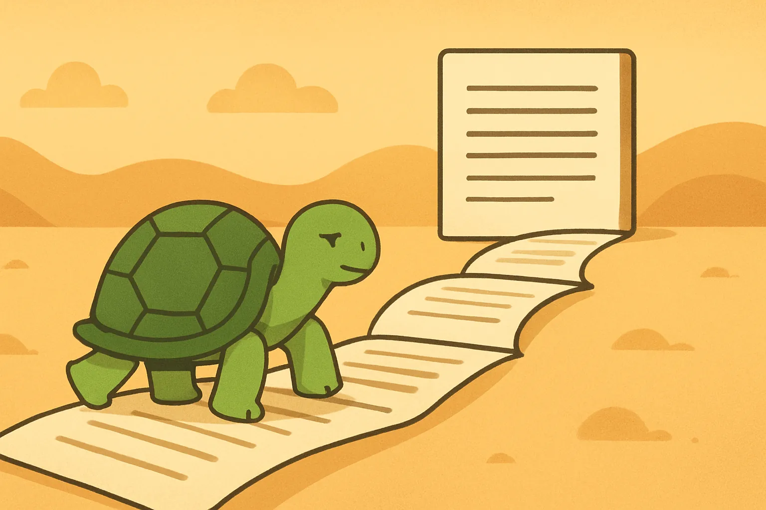Ilustracja redakcyjna przedstawiająca żółwia TortoLingua w spokojnej scenie nauki przez czytanie do artykułu "Plateau w nauce języka: dlaczego utknąłeś i jak je przełamać".