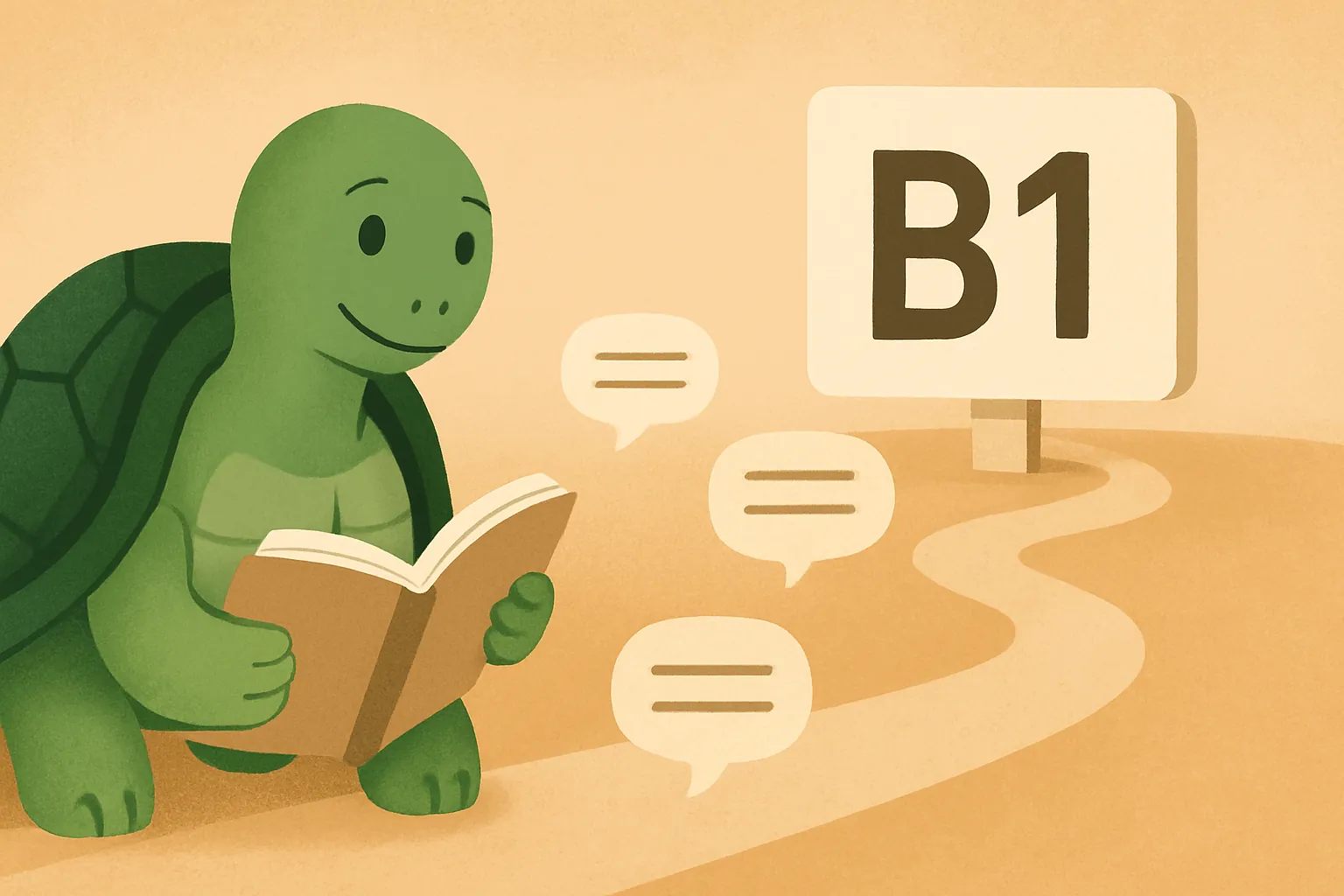 Ilustracja redakcyjna przedstawiająca żółwia TortoLingua w spokojnej scenie nauki przez czytanie do artykułu "Ile trzeba czytać żeby osiągnąć B1?".